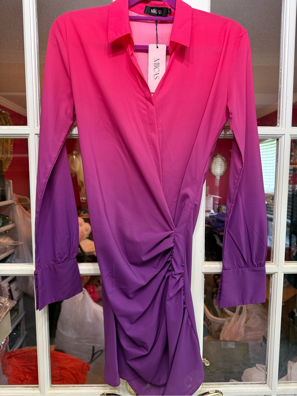 MIGAS Pink to Purple Ombre Ruched Midi Dress